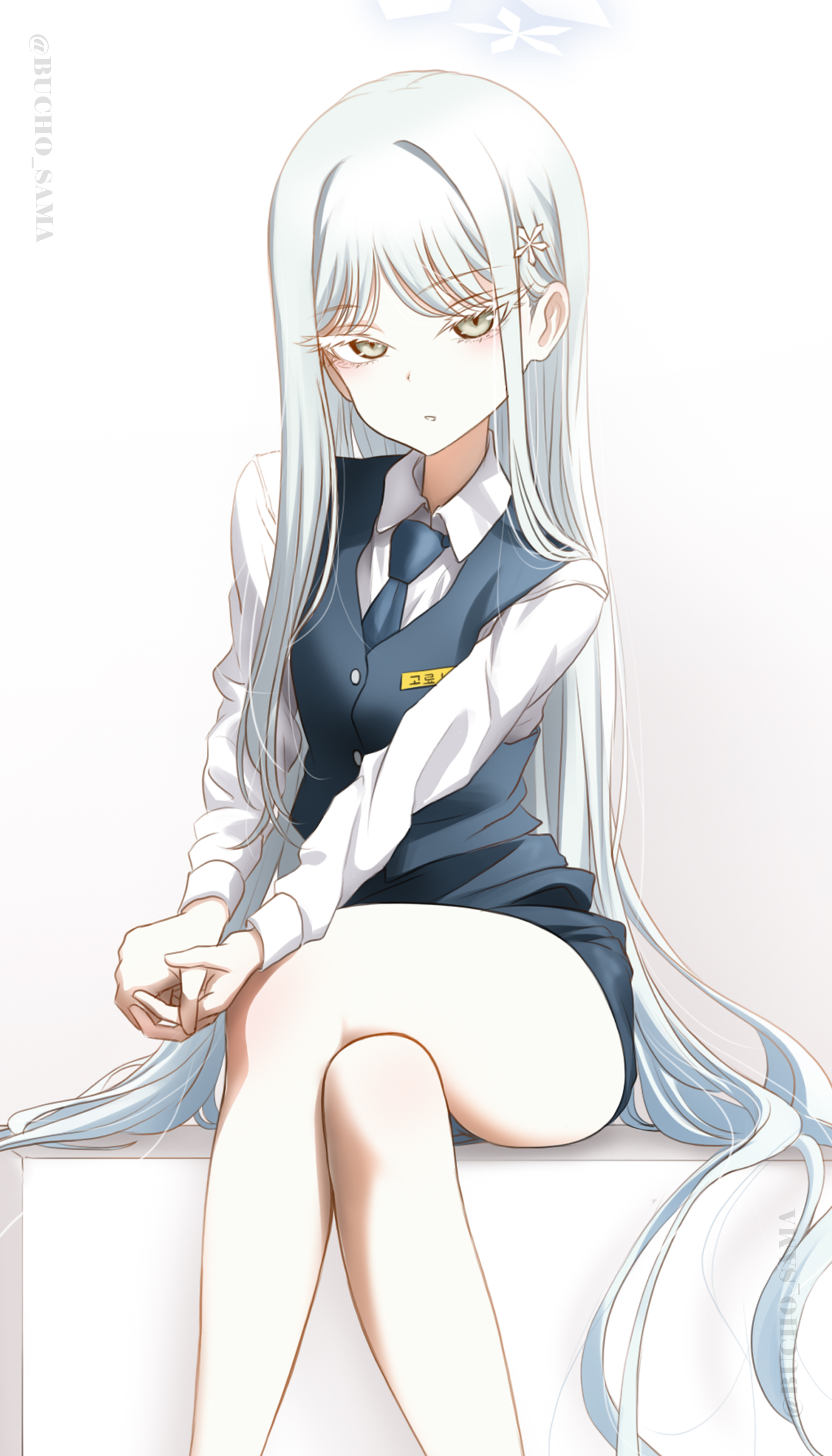 bucho sama, nagusa (blue archive), blue archive, absurdres, highres, 1girl, alternate costume, alternate eye color, blue necktie, blue skirt, blue vest, blush, crossed legs, green eyes, long hair, looking at viewer, necktie, own hands together, parted bangs, parted lips, school uniform, shirt, shoes, sidelocks, sitting, skirt, solo, vest, white hair, white shirt, white shoes