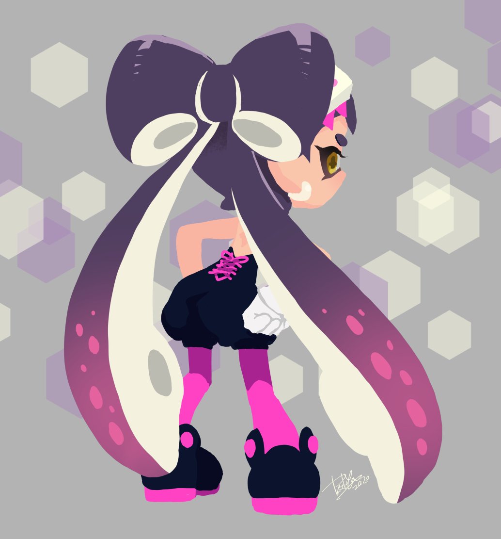isamu-ki (yuuki), callie (splatoon), nintendo, splatoon (series), commentary request, 1girl, black dress, bow-shaped hair, dated, dress, from behind, full body, gloves, grey background, hands on own hips, inkling, long hair, signature, solo, standing, symbol-shaped pupils, tentacle hair, twintails, very long hair, white gloves, yellow eyes