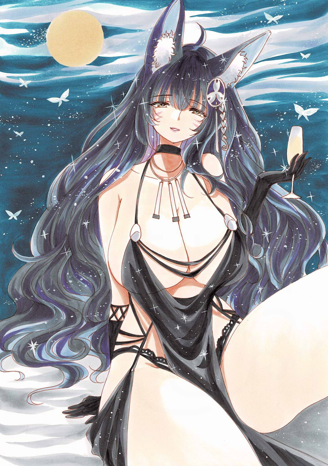 uzuharu (uduharu), musashi (azur lane), azur lane, commentary request, highres, traditional media, 1girl, alternate costume, animal ear fluff, animal ears, black dress, black gloves, black hair, breasts, champagne flute, collarbone, cup, dress, drinking glass, elbow gloves, facial mark, fox ears, fox girl, full moon, glitter dress, gloves, hair ornament, holding, holding cup, huge breasts, jewelry, long hair, looking at viewer, moon, necklace, parted lips, pelvic curtain, sitting, smile, solo, very long hair, yellow eyes