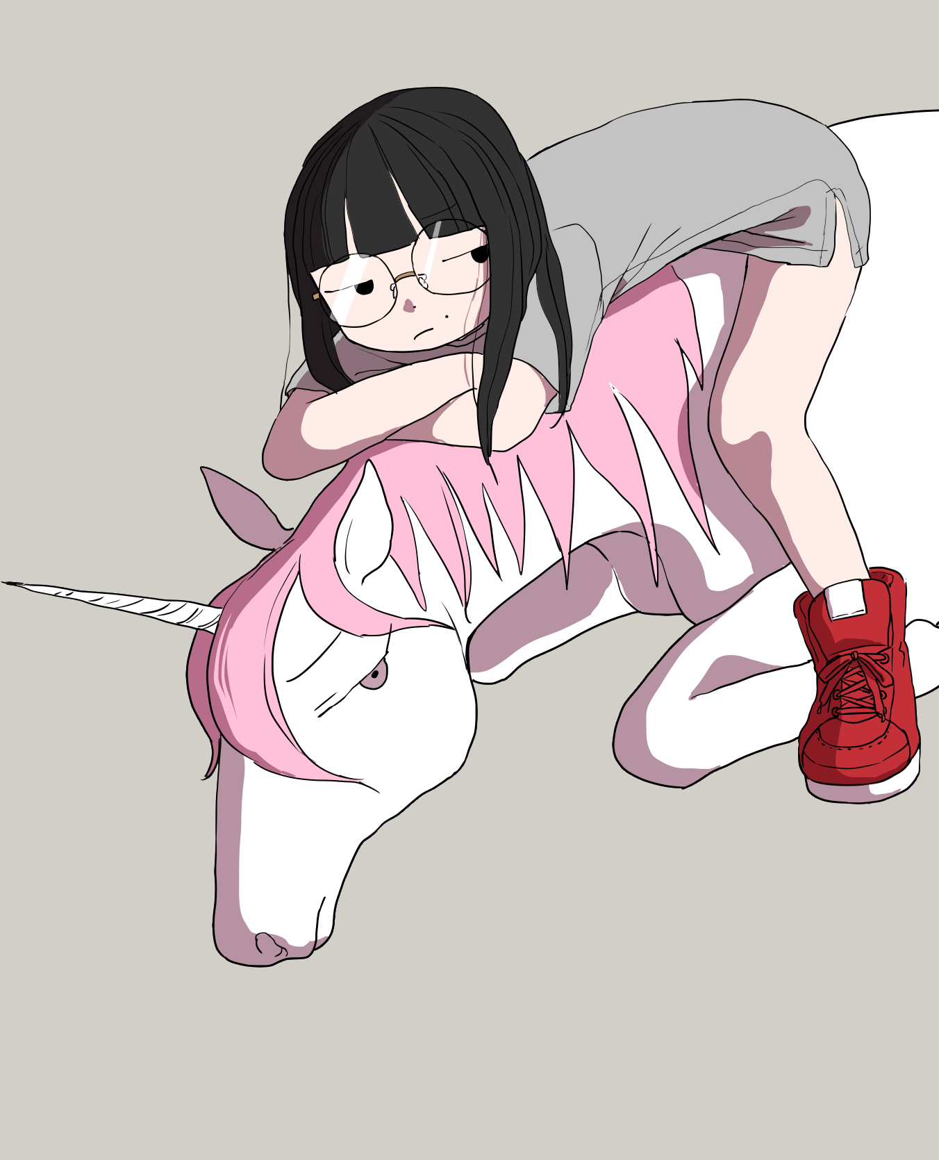 ikuta semi, highres, official art, 1boy, 1girl, black hair, blunt bangs, emuko (ikkakujuu wa tsuranukanai), glasses, horseback riding, ikkakujuu wa tsuranukanai, long hair, mole, pink hair, riding, round eyewear, shirt, shoes, sneakers, t-shirt, uni (ikkakujuu wa tsuranukanai)