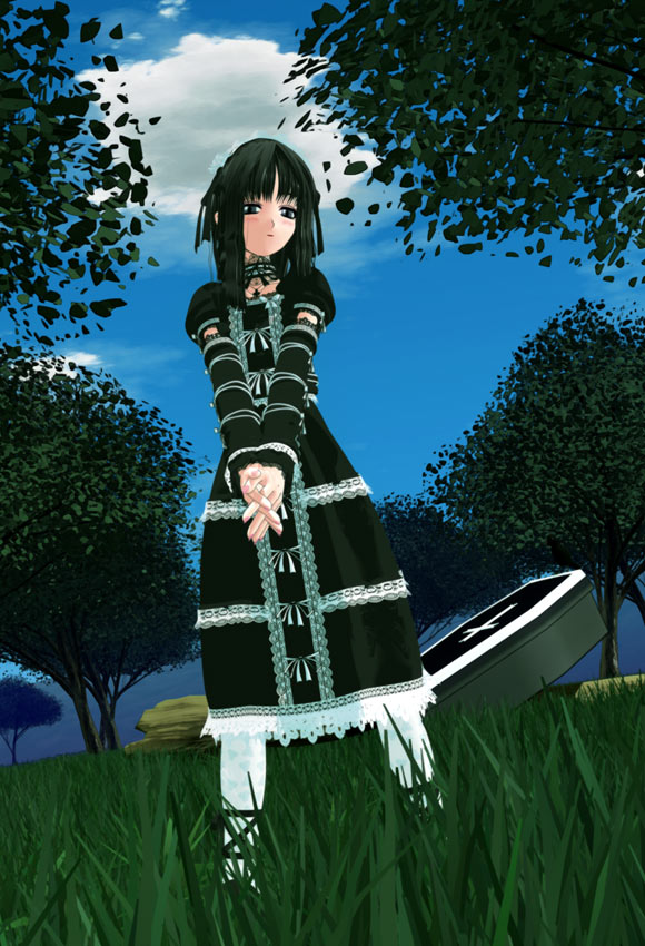 ekkusu kyuuzu, original, 1girl, 3d, bird, black hair, cloud, coffin, female focus, goth fashion, gothic lolita, lolita fashion, outdoors, pantyhose, plant, sky, solo, standing, tree, white pantyhose