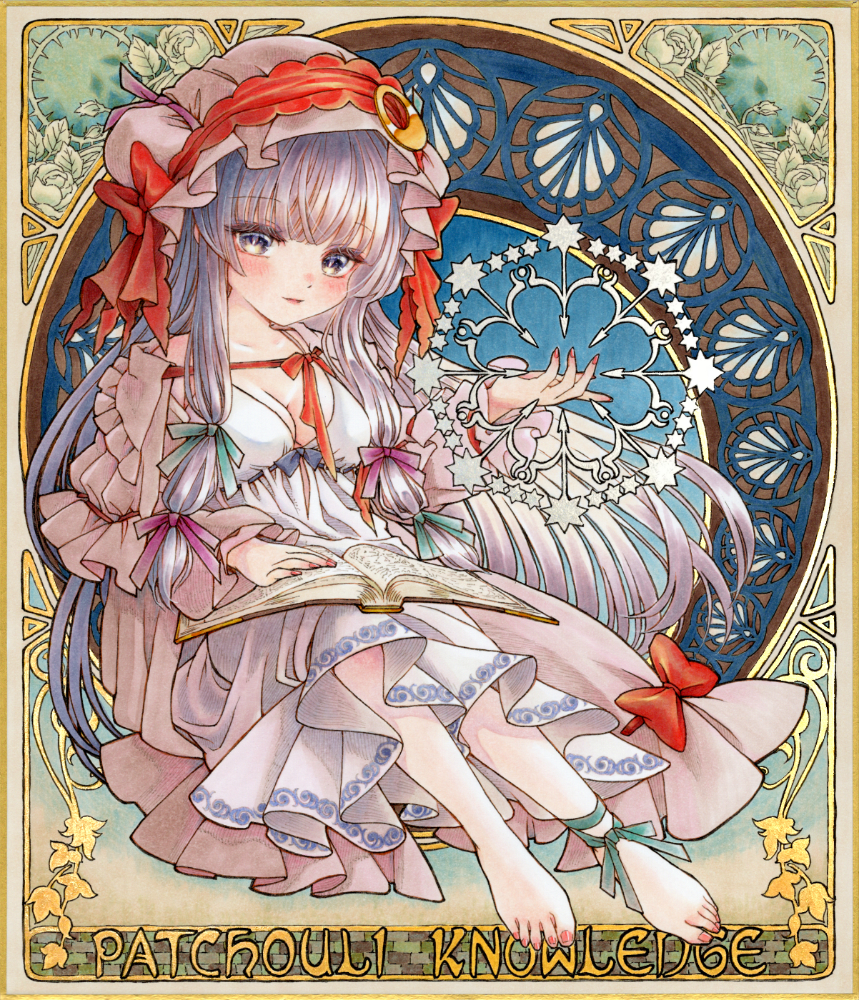 patchouli knowledge, touhou, commentary request, highres, marker (medium), traditional media, 1girl, alternate costume, barefoot, blush, book, bow, breasts, character name, cleavage, dress, green bow, hair bow, hat, long hair, long sleeves, looking at viewer, mob cap, multiple hair bows, nail polish, open book, open mouth, pink nails, purple eyes, purple hair, red bow, s.mamiya, smile, solo, toenail polish, toenails, toes, white dress