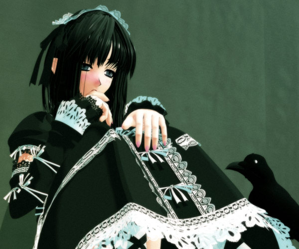 ekkusu kyuuzu, original, 1girl, 3d, bird, black bird, black hair, covering own mouth, female focus, goth fashion, gothic lolita, half-closed eyes, hand over own mouth, lolita fashion, pantyhose, sitting, solo