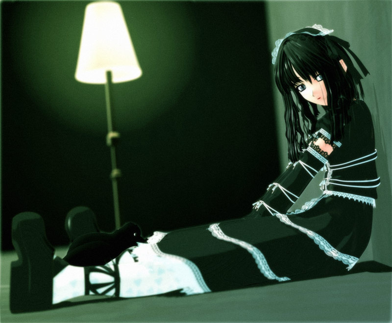 ekkusu kyuuzu, original, 1girl, 3d, black hair, female focus, full body, goth fashion, gothic lolita, green theme, indoors, lolita fashion, pantyhose, sitting, solo