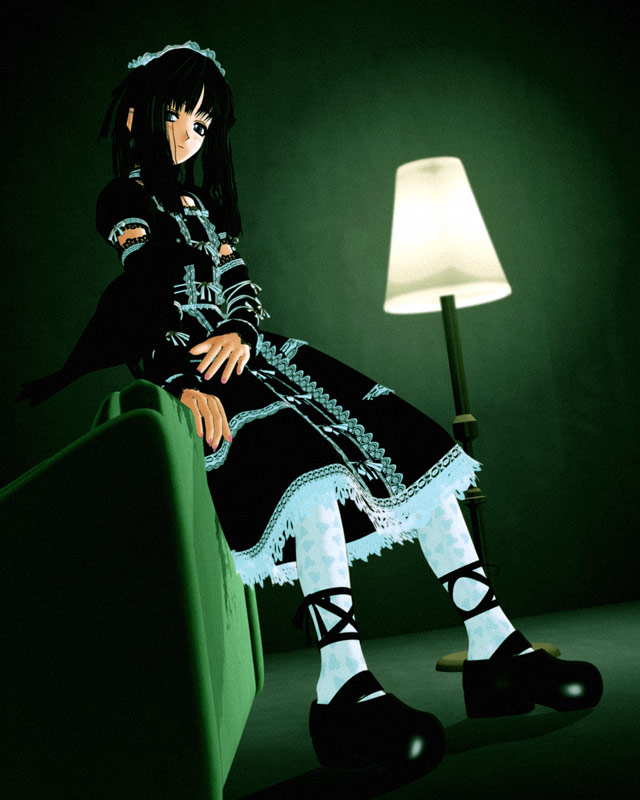 ekkusu kyuuzu, original, 1girl, 3d, black dress, black hair, couch, dress, female focus, goth fashion, gothic lolita, green background, green upholstery, lolita fashion, mary janes, pantyhose, shoes, solo, white pantyhose