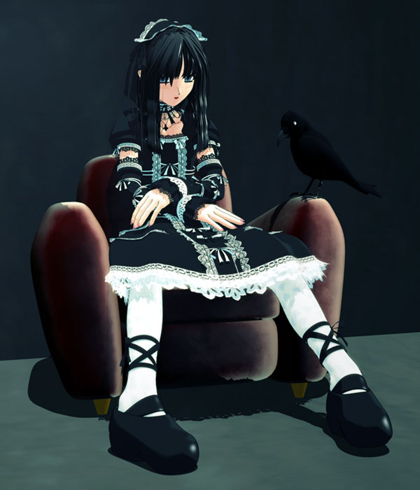 ekkusu kyuuzu, original, 1girl, 3d, bird, black bird, black hair, female focus, full body, goth fashion, gothic lolita, indoors, lolita fashion, pantyhose, sitting, solo, thighhighs