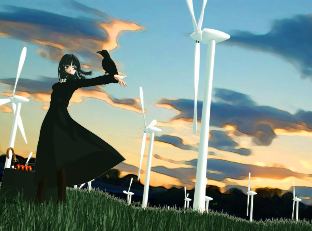 ekkusu kyuuzu, original, 1girl, 3d, bird, black bird, black hair, dress, female focus, goth fashion, gothic lolita, lolita fashion, solo, wind, windmill