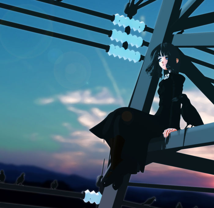 ekkusu kyuuzu, original, 1girl, 3d, bird, black bird, black dress, dress, female focus, goth fashion, gothic lolita, lolita fashion, power lines, sitting, solo, sunset