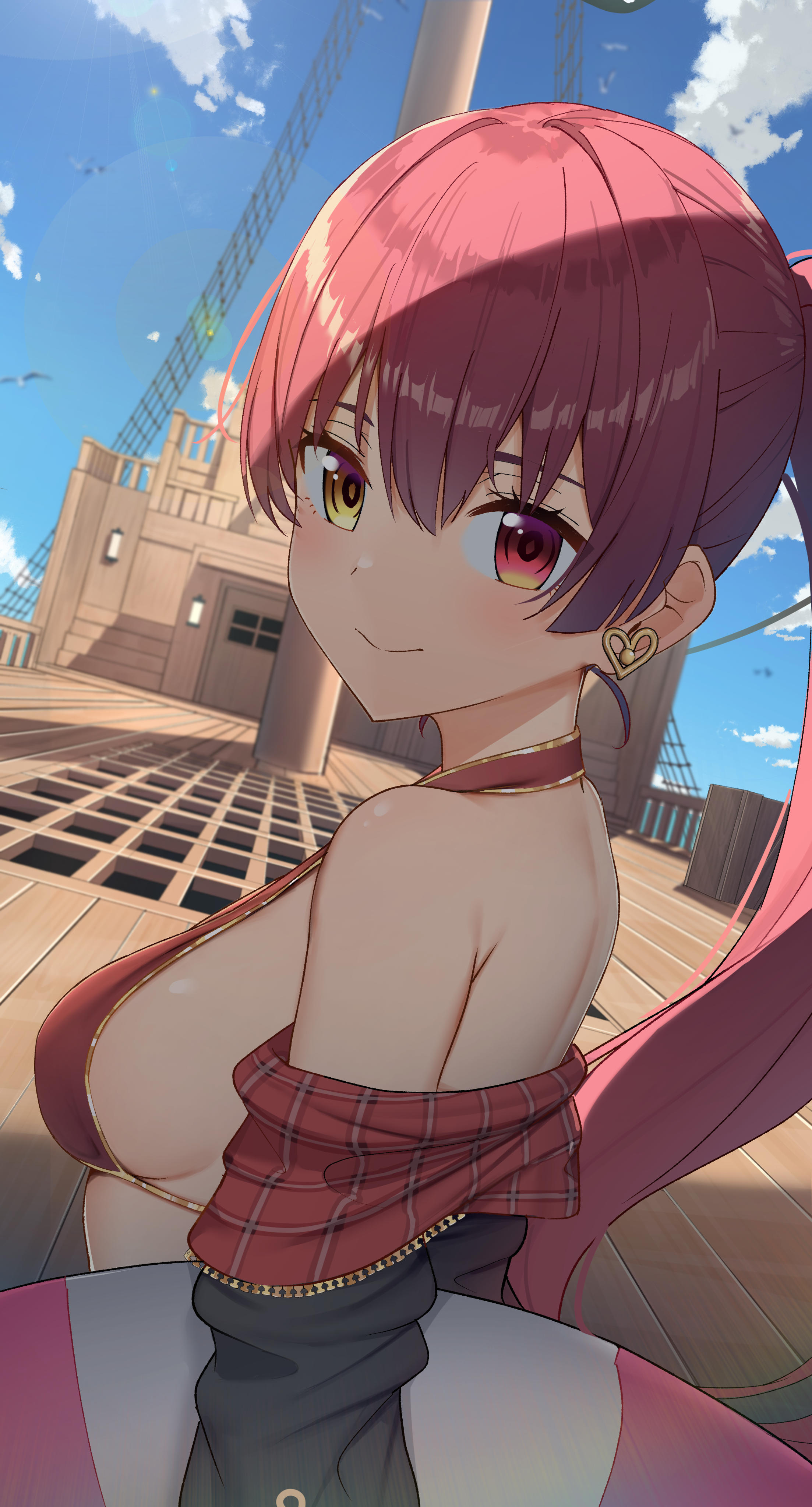 minmi (minmiism), houshou marine, houshou marine (summer), hololive, absurdres, highres, 1girl, alternate breast size (smaller), armpit crease, bikini, bird, blue sky, breasts, cloud, day, earrings, gold bikini, heart, heart earrings, heterochromia, high ponytail, holding, holding swim ring, innertube, jewelry, long hair, medium breasts, off shoulder, outdoors, pirate ship, ponytail, red bikini, red eyes, red hair, seagull, sideboob, sky, solo, swim ring, swimsuit, upper body, very long hair, yellow eyes