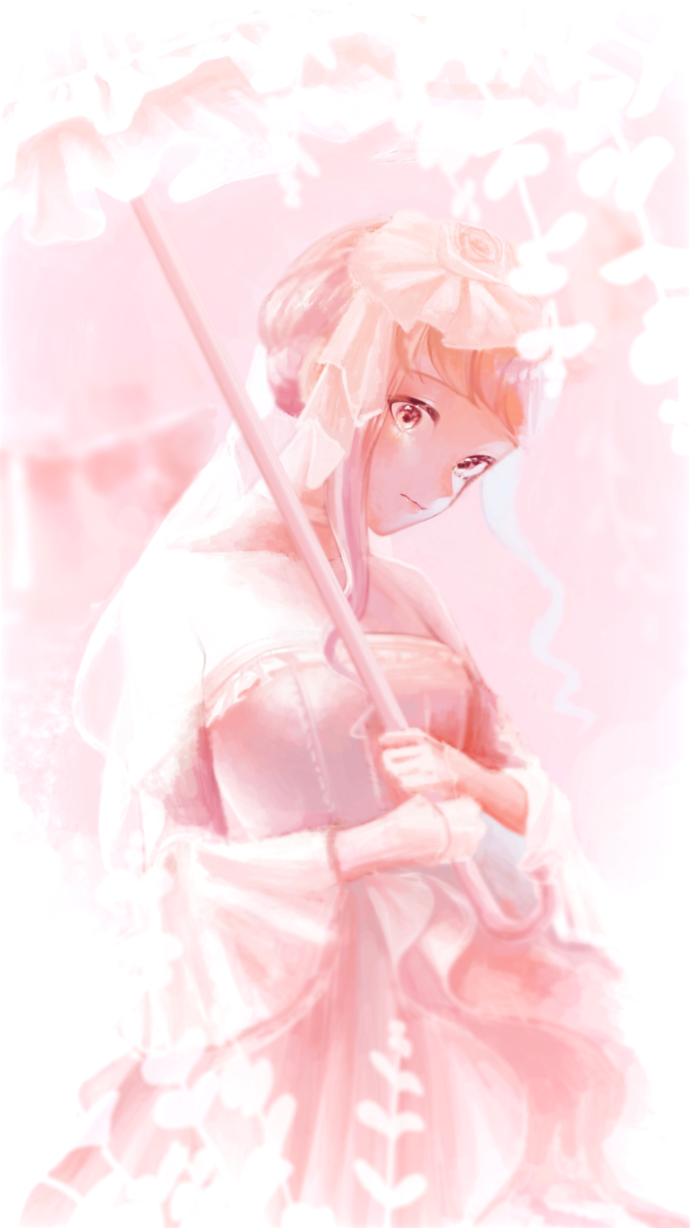 1 hcs, nikki (series), shining nikki, highres, 1girl, blunt bangs, brown eyes, brown hair, center frills, choker, closed mouth, collarbone, cowboy shot, cross-laced clothes, cross-laced dress, dress, expressionless, floral aroma (shining nikki), flower, frilled umbrella, frills, hair flower, hair ornament, head tilt, holding, holding umbrella, lips, long sleeves, multicolored hair, one-hour drawing challenge, parasol, pink choker, pink dress, pink flower, pink hair, pink lips, pink rose, pink theme, pink umbrella, plant, pointy nose, rose, short hair with long locks, solo, standing, two-tone hair, umbrella, umbrella over shoulder, updo, veil, vines, white background, white veil, wide sleeves
