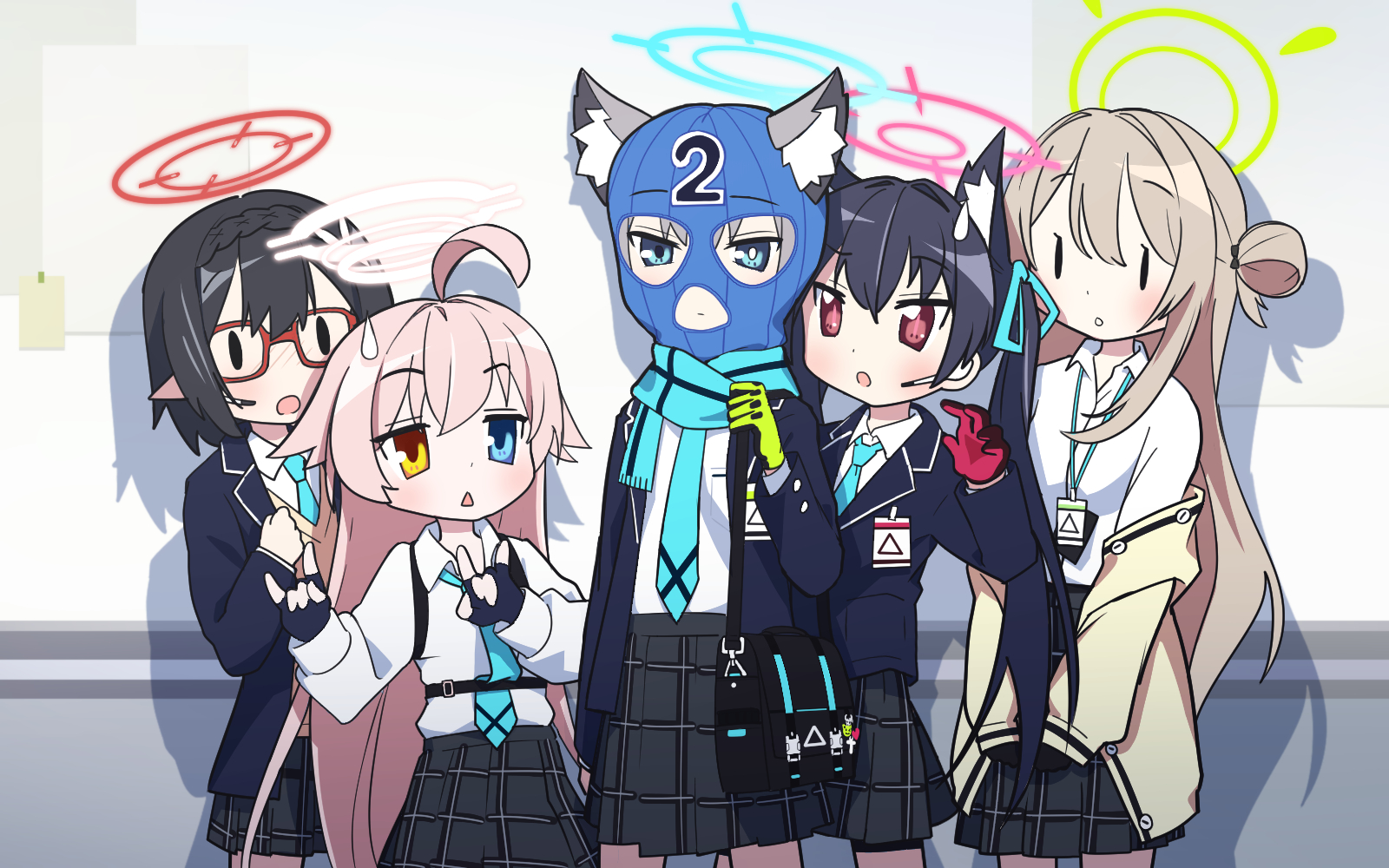 ujuro, ayane (blue archive), hoshino (blue archive), nonomi (blue archive), serika (blue archive), shiroko (blue archive), blue archive, lucky star, commentary, highres, 5girls, animal ear fluff, animal ears, balaclava, black hair, blue eyes, blush, cat ears, foreclosure task force (blue archive), glasses, gloves, grey hair, hair bun, hair ribbon, halo, headset, heterochromia, jacket, long hair, long sleeves, multiple girls, necktie, open mouth, orange eyes, parody, pink hair, plaid clothes, plaid skirt, pleated skirt, red-framed eyewear, red eyes, ribbon, scarf, school uniform, shirt, short hair, single side bun, skirt, style parody, sweatdrop, white shirt, wolf ears, yoshimizu kagami (style)