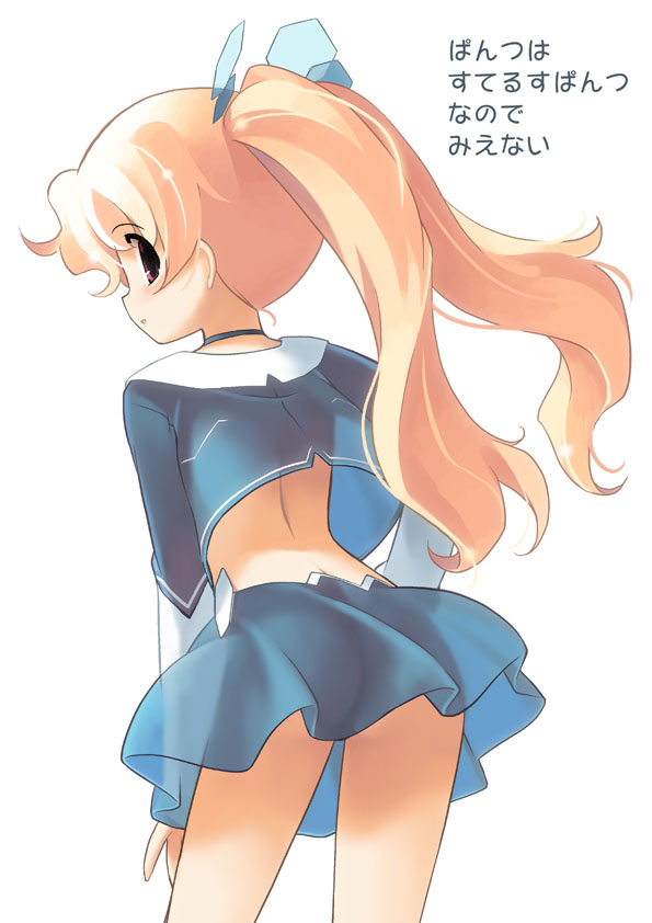 jiji (aardvark), raptor-tan, original, translated, 1girl, blonde hair, cheerleader, female focus, long hair, no panties, ponytail, red eyes, school uniform, see-through clothes, serafuku, solo