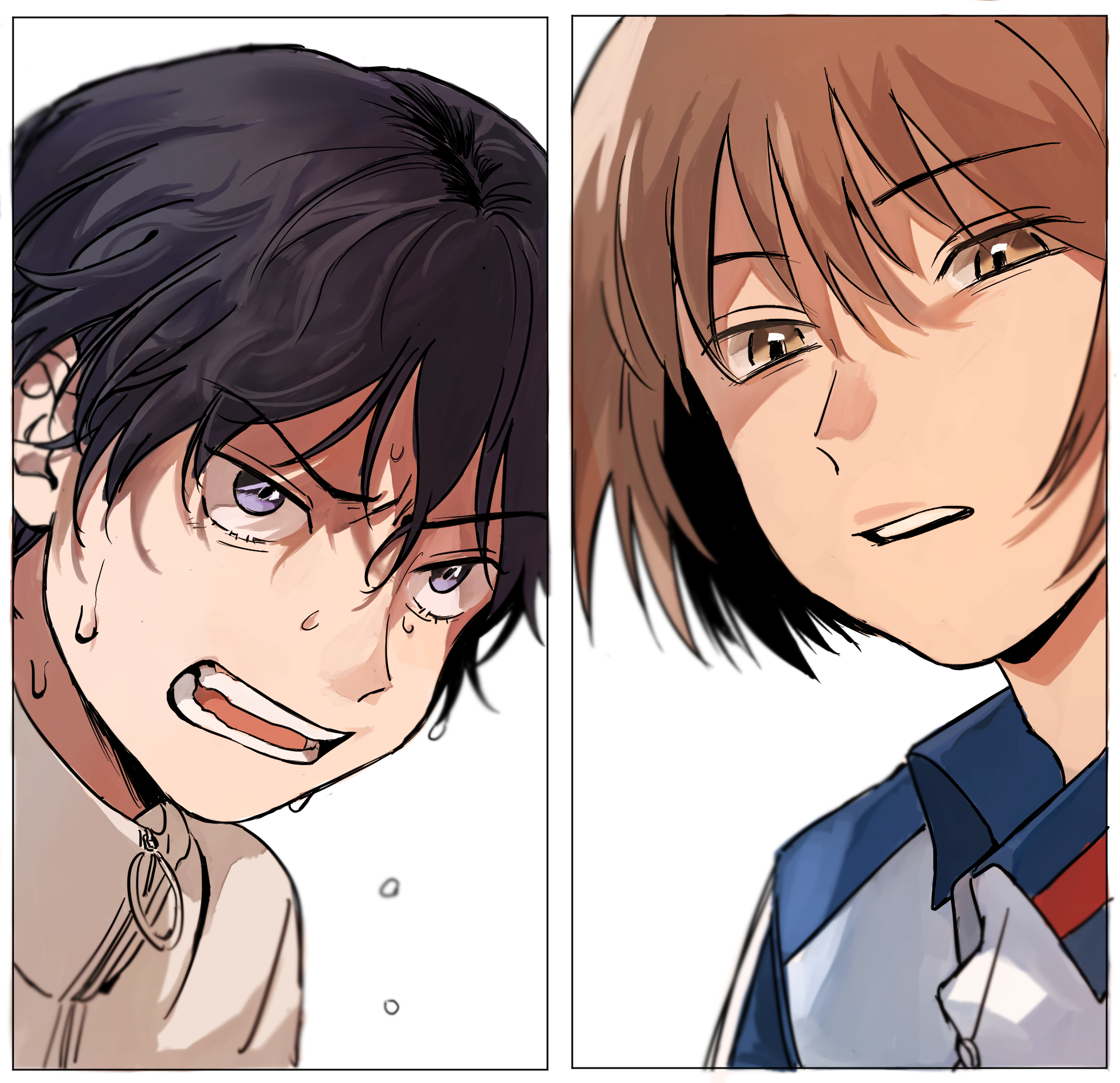 coincoinco, fuji shuusuke, mizuki hajime, tennis no ouji-sama, highres, 2boys, black hair, blue eyes, border, brown hair, choppy bangs, close-up, collared shirt, furrowed brow, glaring, inset border, jacket, looking down, looking up, male focus, multiple boys, open mouth, parted lips, portrait, scowl, serious, shirt, short hair, simple background, split screen, sweat, unusually open eyes, v-shaped eyebrows, very sweaty, wavy hair, white background, white border, white jacket, wispy bangs
