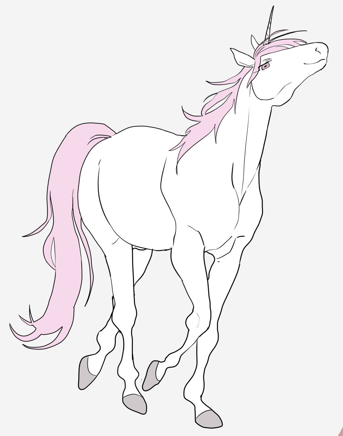ikuta semi, highres, official art, 1boy, animal focus, full body, hooves, ikkakujuu wa tsuranukanai, no humans, pink hair, simple background, smile, solo, standing, uni (ikkakujuu wa tsuranukanai), unicorn, unicorn horn