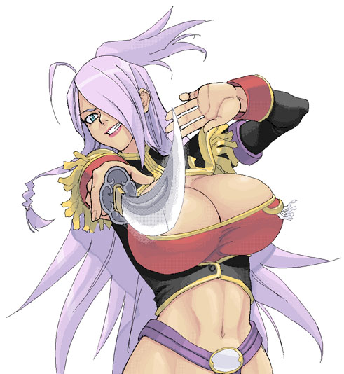 satou atsuki, garnet mclane, dragonaut, 00s, 1girl, breasts, cleavage, cleavage cutout, clothing cutout, crop top, female focus, huge breasts, midriff, purple hair, solo, sword, weapon