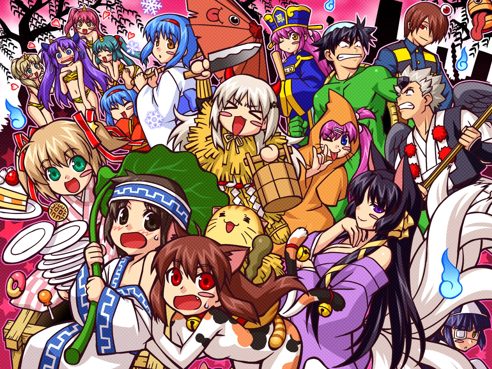 zen, doruji, futaki kanata, inohara masato, kamikita komari, koshiki miyuki, kurugaya yuiko, lum, miyazawa kengo, naoe riki, natsume kyousuke, natsume rin, nishizono midori, nishizono mio, noumi kudryavka, saigusa haruka, sasasegawa sasami, little busters!, urusei yatsura, highres, 4boys, 6+girls, animal print, cat, cosplay, everyone, halloween, lum (cosplay), multiple boys, multiple girls, tiger print