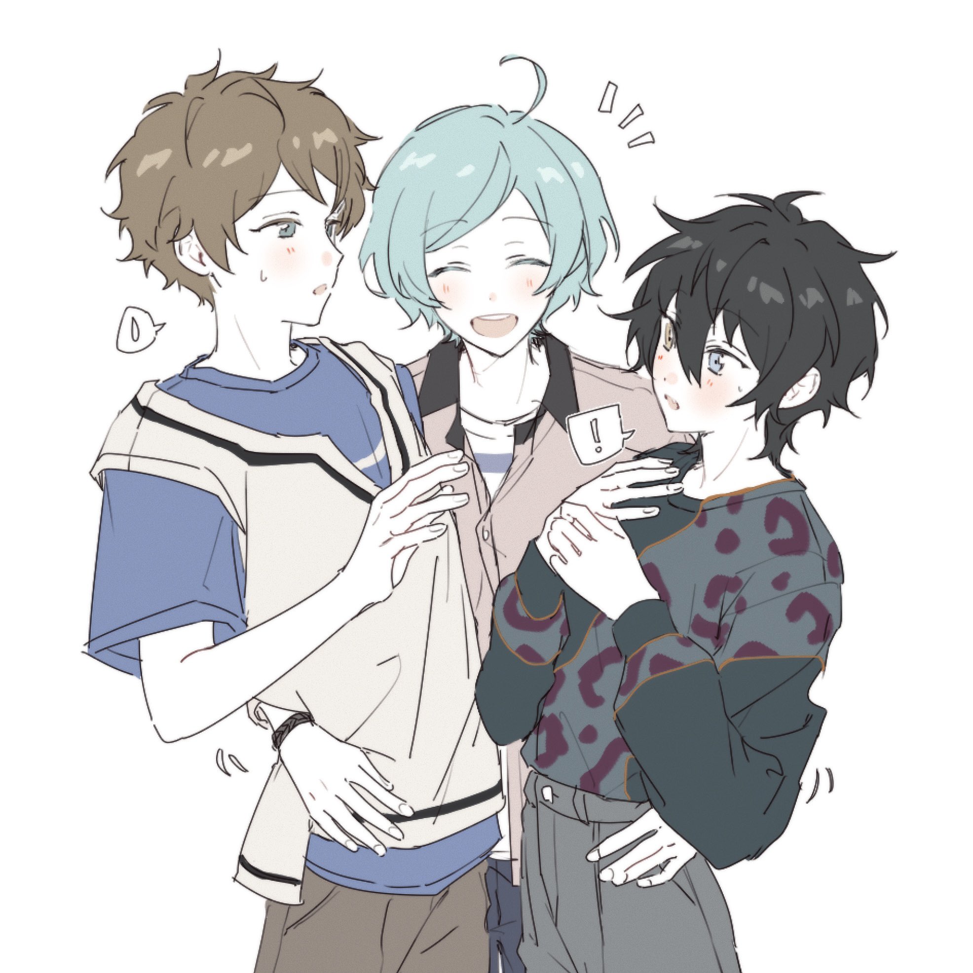 seogil, kagehira mika, shinkai kanata, takamine midori, ensemble stars!, commentary request, highres, korean commentary, 3boys, ahoge, animal print, black hair, blue eyes, blue hair, blush, brown hair, closed eyes, collared shirt, facing viewer, fingernails, hair between eyes, hand around waist, hand up, hands up, heterochromia, leopard print, long sleeves, looking at another, male focus, multiple boys, nervous sweating, notice lines, open mouth, parted bangs, shirt, short hair, short sleeves, simple background, smile, spoken sweatdrop, sweat, sweatdrop, white background, yellow eyes