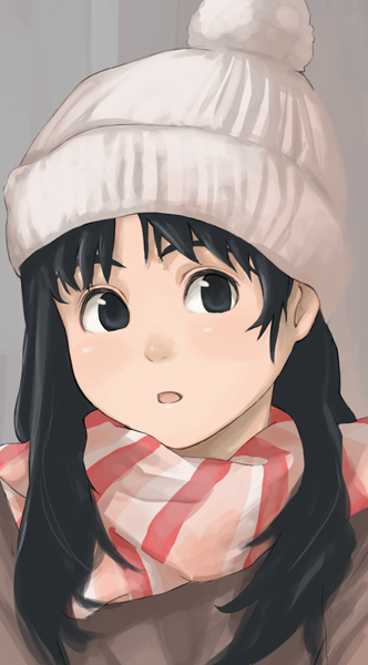 tamaru tokihiko, original, 1girl, :o, beanie, black eyes, black hair, blush, female focus, hat, long hair, looking at viewer, looking to the side, open mouth, pom pom (clothes), portrait, red scarf, scarf, solo, striped clothes, striped scarf