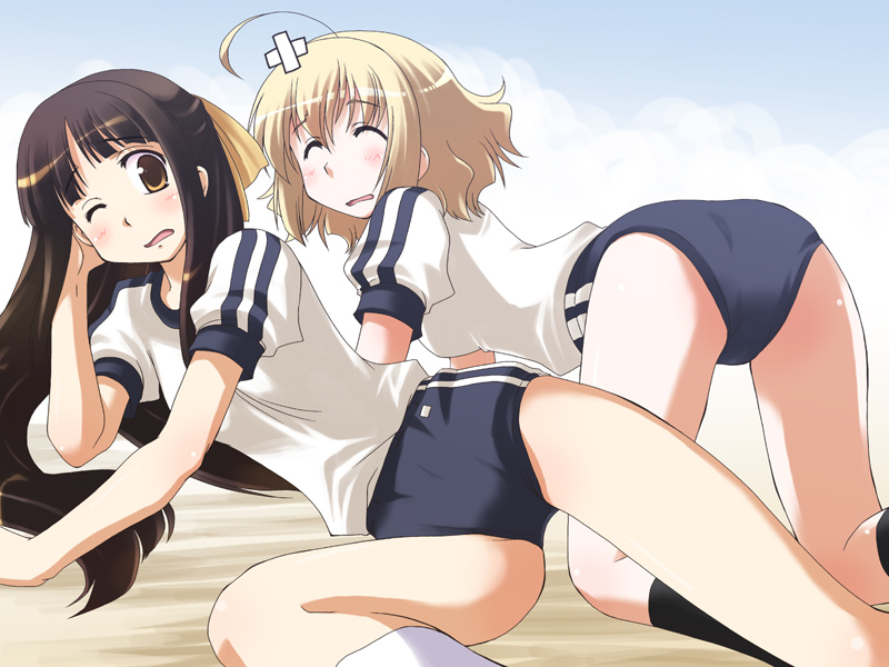 osamada meika, original, ahoge, all fours, buruma, gym uniform
