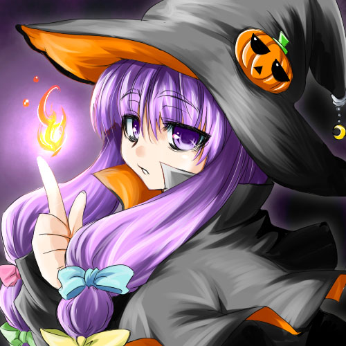tajima yuuki, patchouli knowledge, touhou, lowres, 1girl, female focus, halloween, hat, jack-o'-lantern, pumpkin, solo, witch hat