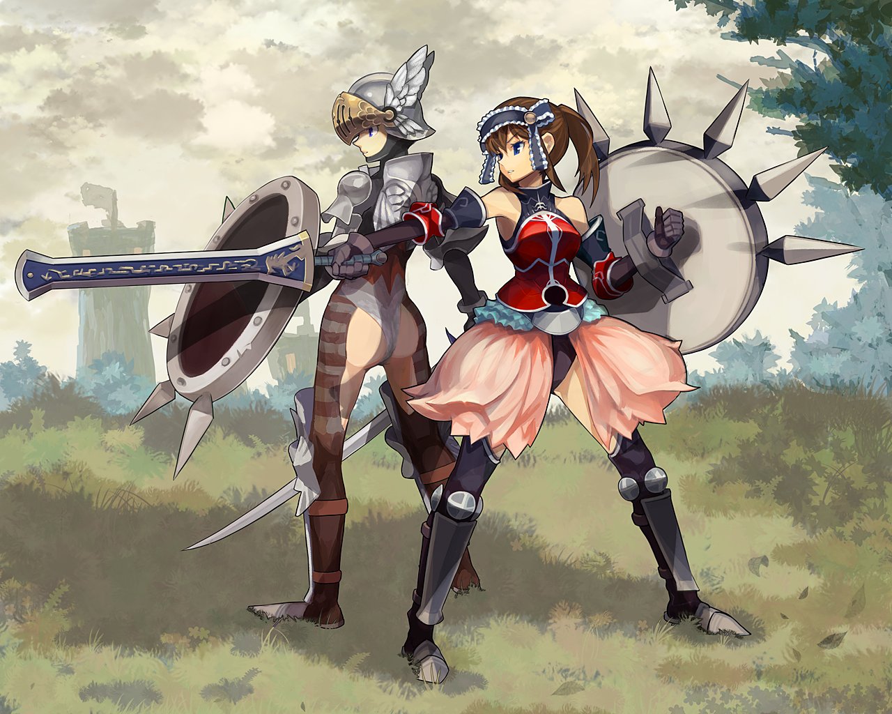 forgotten artist, fantasy earth zero, 2girls, armor, ass, helmet, multiple girls, shield, sword, weapon