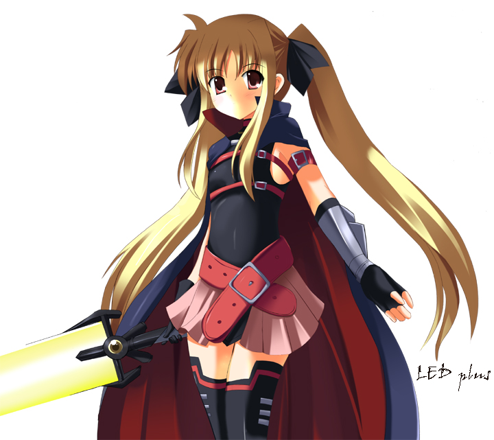 odaya, odayan, bardiche (nanoha), bardiche (zanber form) (nanoha), fate testarossa, fate testarossa (lightning form), lyrical nanoha, mahou shoujo lyrical nanoha, mahou shoujo lyrical nanoha a's, 00s, 1girl, blonde hair, female focus, long hair, red eyes, solo, thighhighs, twintails, zettai ryouiki