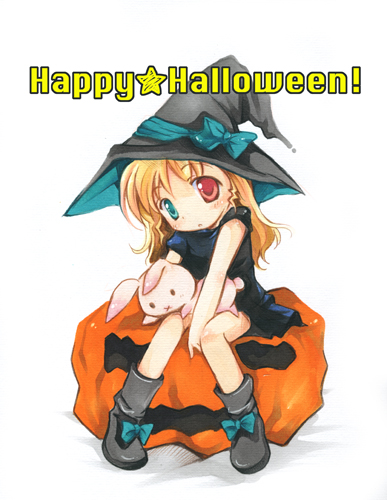 chibitan, vivio, lyrical nanoha, mahou shoujo lyrical nanoha, mahou shoujo lyrical nanoha strikers, lowres, 00s, 1girl, blonde hair, blue eyes, blush, female focus, full body, halloween, happy halloween, hat, heterochromia, jack-o'-lantern, long hair, pumpkin, rabbit, red eyes, shoes, sitting, solo, white background, witch hat, x mouth