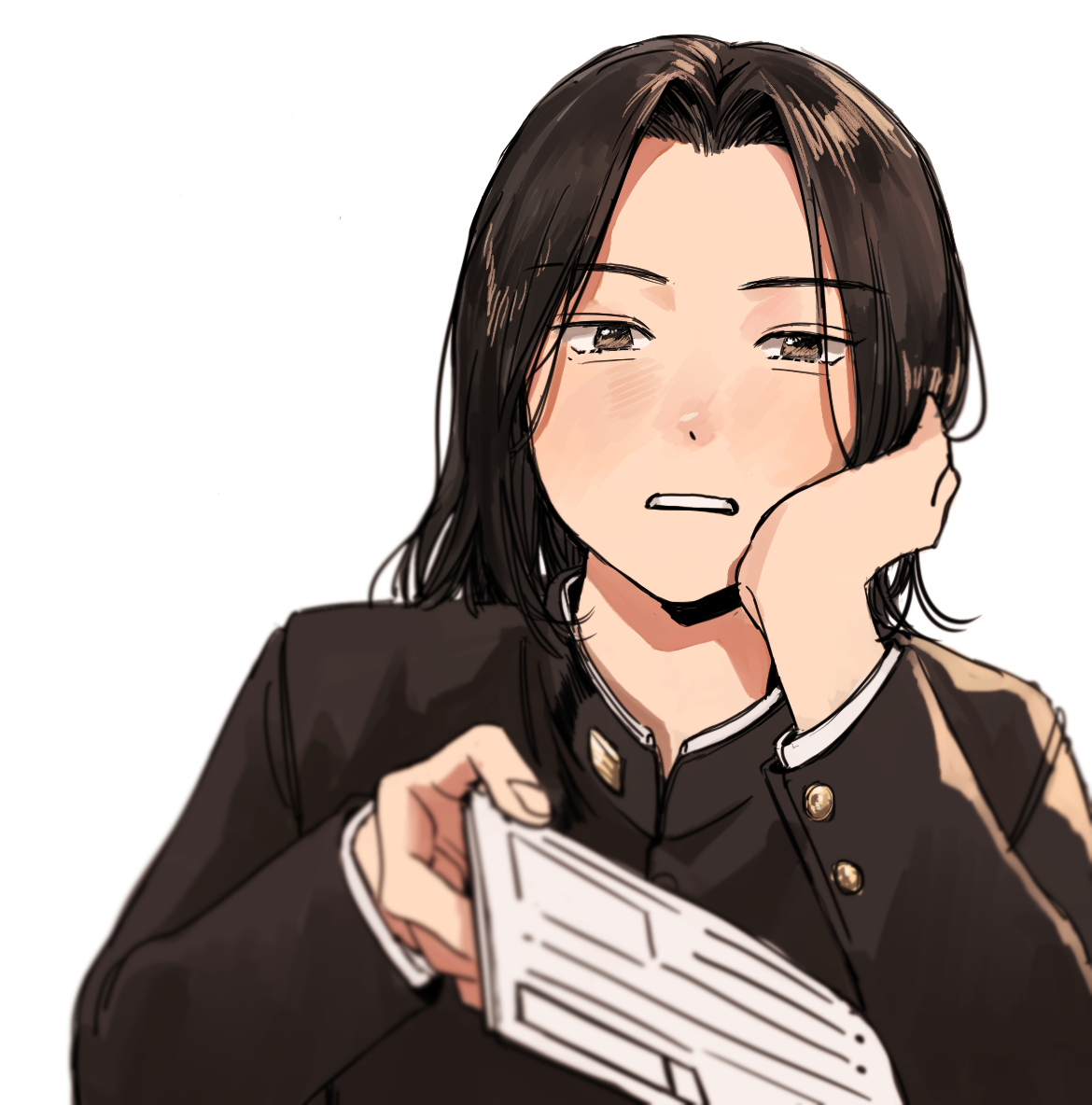 coincoinco, ibu shinji, tennis no ouji-sama, 1boy, black hair, black jacket, blurry, brown eyes, curtained hair, depth of field, expressionless, gakuran, hand up, head on hand, holding, holding paper, jacket, light blush, long sleeves, male focus, medium hair, paper, parted hair, parted lips, school uniform, simple background, solo, upper body, white background