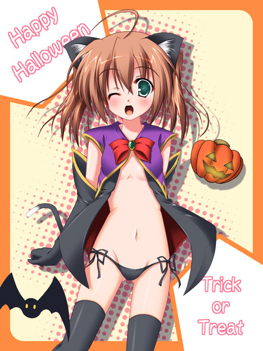 yoshiharu, original, 1girl, ahoge, animal ears, black panties, blush, breasts, brown hair, cat ears, cat tail, english text, female focus, green eyes, halloween, happy halloween, jack-o'-lantern, no bra, panties, pumpkin, side-tie panties, small breasts, solo, tail, thighhighs, trick or treat, underboob, underwear