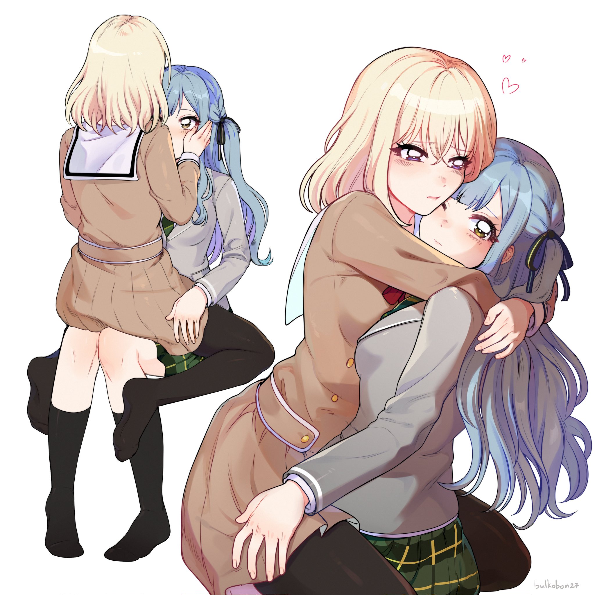 bulkobon, misumi uika, togawa sakiko, bang dream!, bang dream! it's mygo!!!!!, highres, 2girls, black pantyhose, black socks, blonde hair, blue hair, blush, breasts, brown dress, closed mouth, dress, green necktie, green skirt, grey jacket, hair ribbon, hanasakigawa school uniform, hands on another's cheeks, hands on another's face, haneoka school uniform, heart, hug, invisible chair, jacket, long hair, long sleeves, medium breasts, medium hair, multiple girls, necktie, on lap, pantyhose, plaid clothes, plaid skirt, pleated dress, pleated skirt, purple eyes, ribbon, sailor dress, school uniform, sidelocks, simple background, sitting, skirt, socks, straddling, white background, yellow eyes, yuri