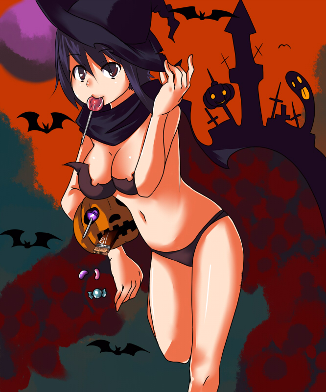 johnny funamushi, original, 1girl, bikini, black bikini, candy, female focus, food, halloween, hat, jack-o'-lantern, lollipop, pumpkin, purple hair, red eyes, solo, swimsuit, witch hat