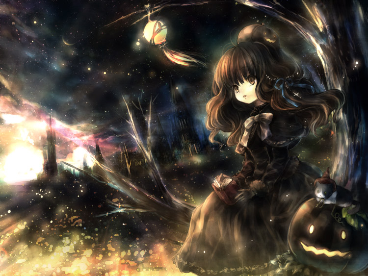onineko, original, 1girl, animal, book, bow, brown eyes, brown hair, cat, cross, female focus, goth fashion, halloween, jack-o'-lantern, latin cross, pumpkin, pumpkin hat, sitting, solo, tree