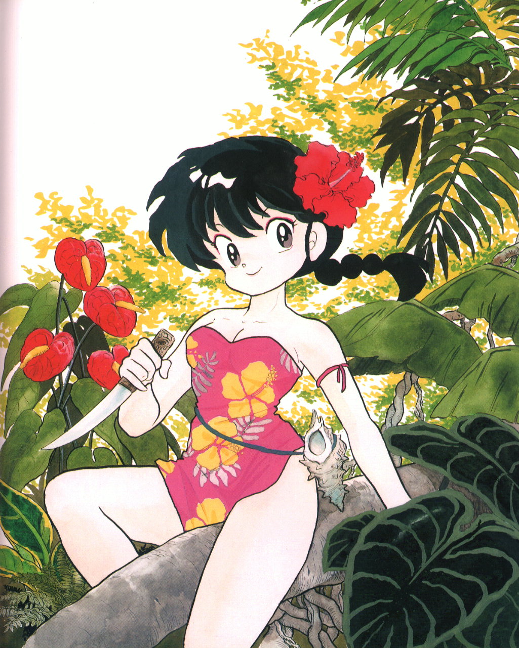 takahashi rumiko, ranma-chan, saotome ranma, ranma 1/2, highres, official art, scan, 1990s (style), 1girl, arm ribbon, black eyes, black hair, braid, breasts, dress, female focus, floral print, flower, forest, genderswap, genderswap (mtf), hair flower, hair ornament, hibiscus, holding, holding knife, jungle, knife, long hair, looking at viewer, nature, outdoors, retro artstyle, ribbon, shell, short dress, sitting, small breasts, smile, solo, strapless, strapless dress