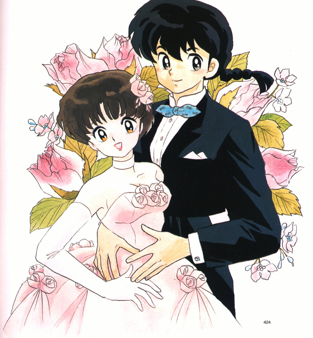 takahashi rumiko, saotome ranma, tendou akane, ranma 1/2, official art, 1990s (style), 1boy, 1girl, braid, braided ponytail, bride, couple, dress, flower, hetero, retro artstyle, single braid, tuxedo, wedding, wedding dress