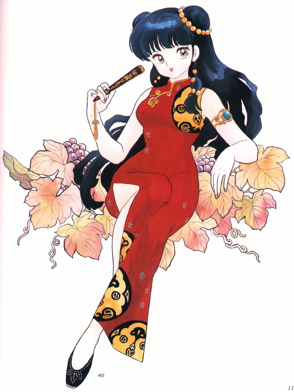 takahashi rumiko, shampoo (ranma 1/2), ranma 1/2, highres, official art, scan, 1990s (style), 1girl, armlet, blue hair, bracelet, china dress, chinese clothes, double bun, dress, earrings, eyeshadow, female focus, flower, folded fan, folding fan, food, fruit, full body, grapes, hair bobbles, hair bun, hair ornament, hand fan, holding, holding fan, jewelry, long hair, makeup, nail polish, pink nails, retro artstyle, side slit, simple background, solo, very long hair, white background