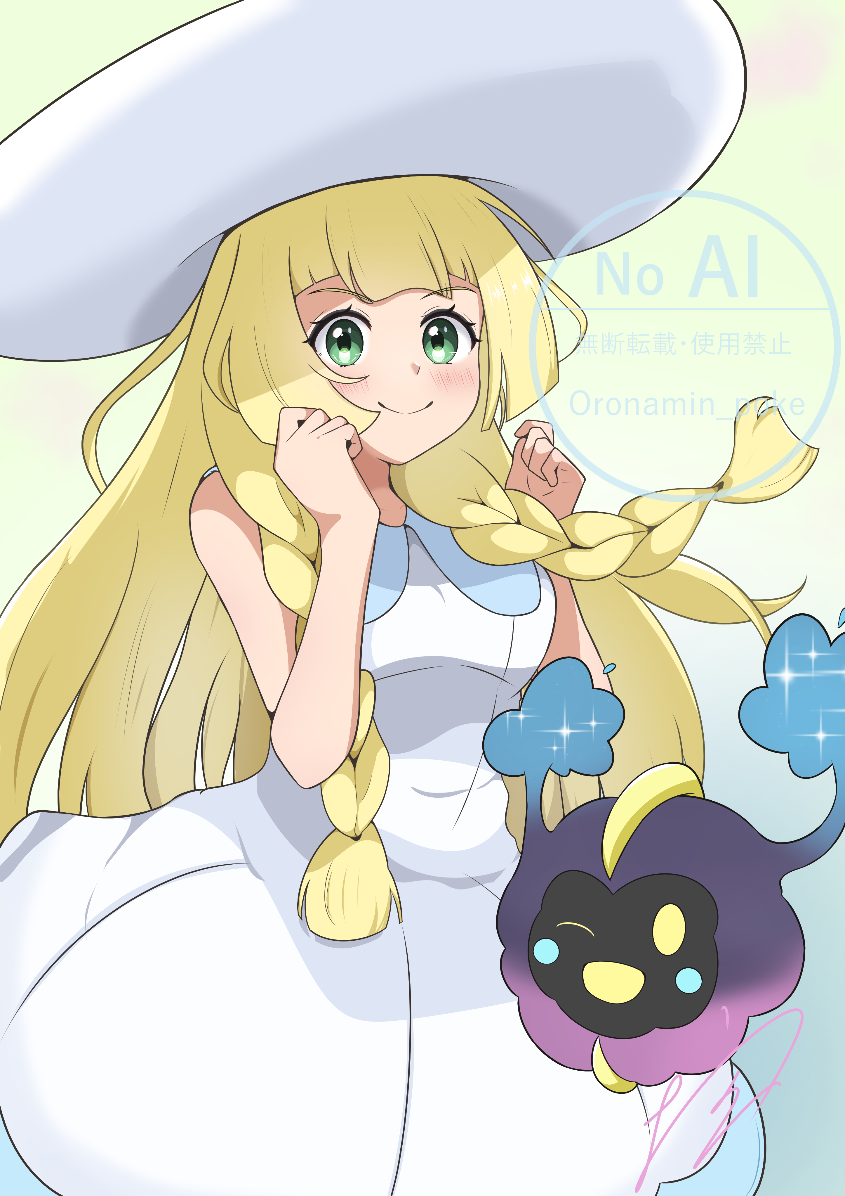 oronamin poke, cosmog, lillie (pokemon), nintendo, pokemon, pokemon sm, absurdres, highres, 1girl, blonde hair, blush, braid, clenched hands, closed mouth, dress, gen 7 pokemon, green eyes, hat, legendary pokemon, long hair, looking at viewer, pokemon (creature), sleeveless, sleeveless dress, smile, twin braids, white dress, white hat
