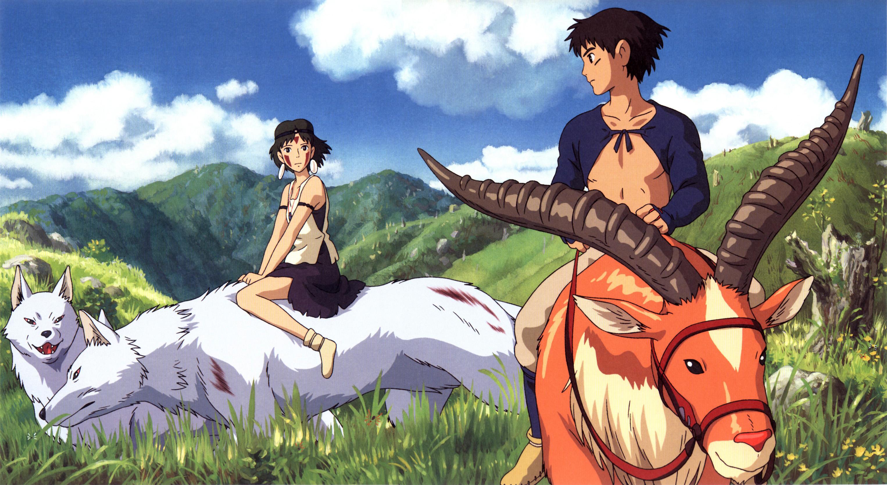 miyazaki hayao, ashitaka, san (mononoke hime), yakul, mononoke hime, studio ghibli, highres, 1990s (style), 1boy, 1girl, animal, armband, blood, brown hair, cloud, earrings, elk, facepaint, flower, grass, headband, horns, jewelry, mask, mountain, outdoors, plant, retro artstyle, riding, scenery, sky, wolf