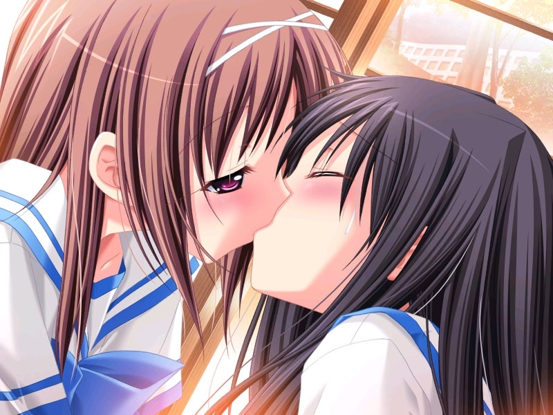 choco chip, himukai haruka, kamishiro shizuku, atelier kaguya, school project, game cg, 2girls, black hair, blush, brown hair, closed eyes, hair ribbon, kiss, long hair, multiple girls, purple eyes, red eyes, ribbon, school uniform, serafuku, yuri