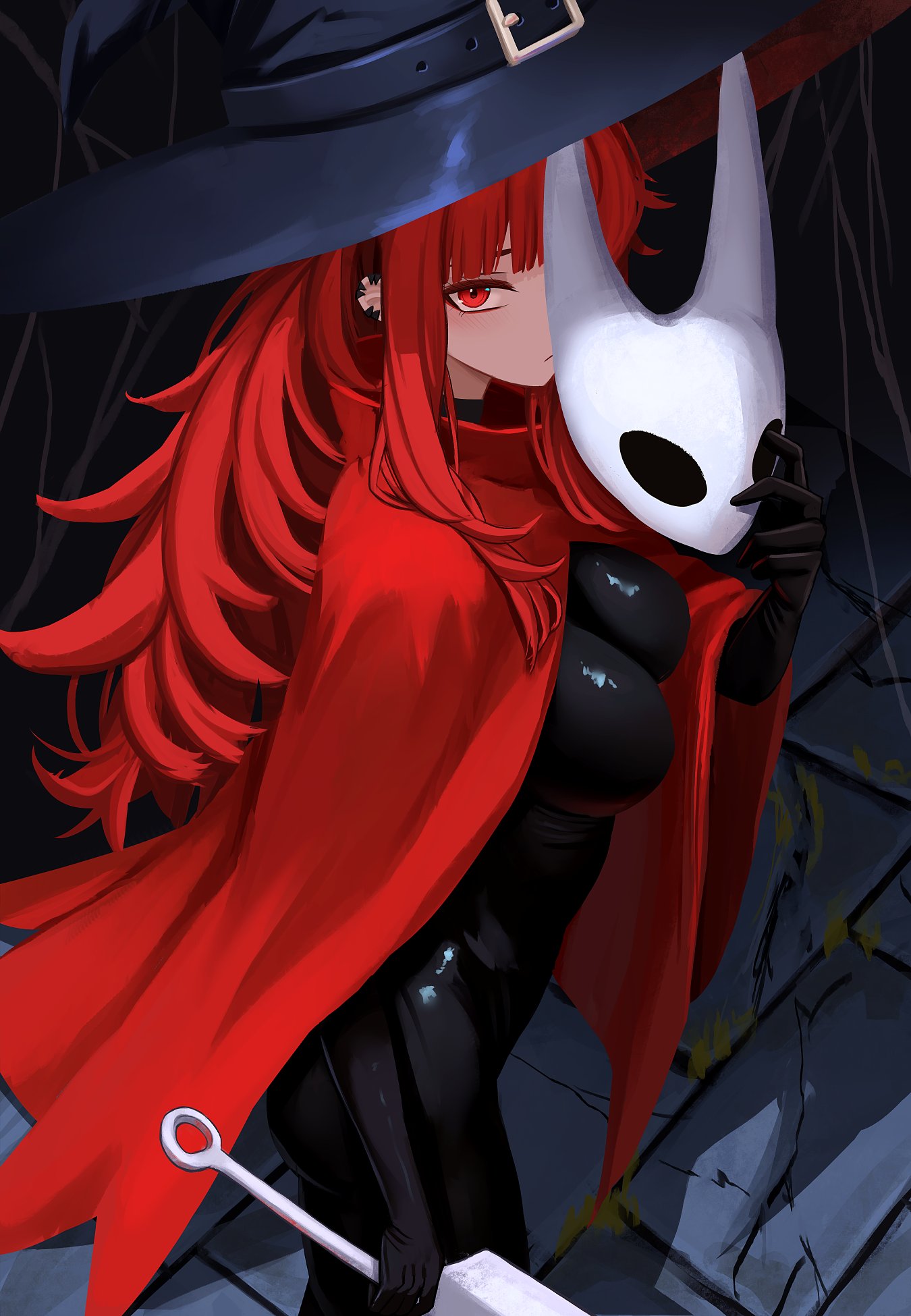 yan kodiac, hornet (hollow knight), val (yan kodiac), hollow knight, hollow knight: silksong, commentary, english commentary, highres, 1girl, black bodysuit, bodysuit, breasts, cape, hat, large breasts, latex, latex bodysuit, long hair, looking at viewer, mask, red cape, red eyes, red hair, tile floor, tiles, witch hat