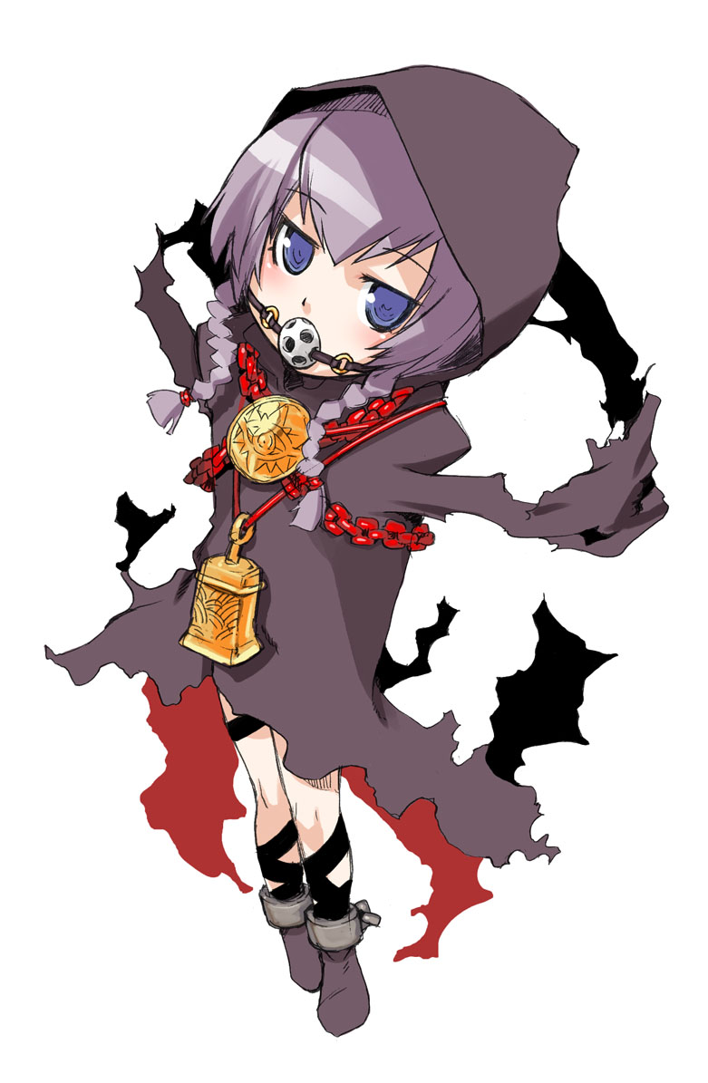 denki showgun, the super dimension fortress katyusha, curse maker, curse maker 2, atlus, etrian odyssey, 1girl, ball gag, bdsm, bell, blue eyes, bondage, bound, braid, female focus, gag, gagged, loli, short twintails, solo, twin braids, twintails, wiffle gag