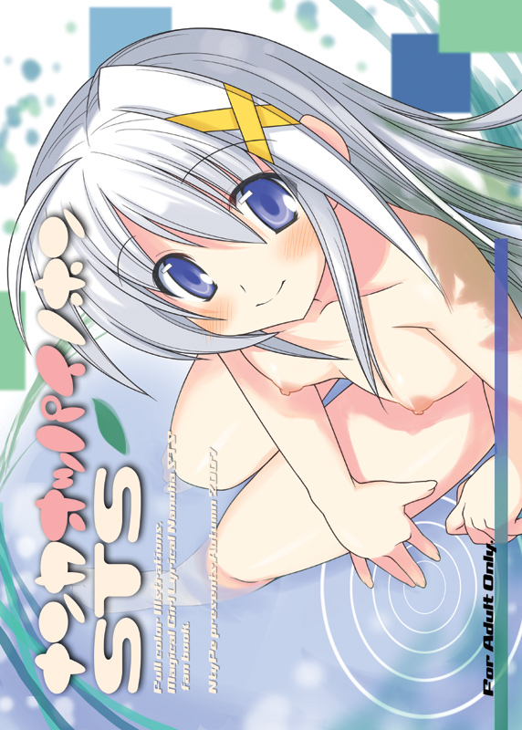 mizoguchi keiji, reinforce zwei, lyrical nanoha, mahou shoujo lyrical nanoha, mahou shoujo lyrical nanoha strikers, 00s, 1girl, blush, breasts, closed mouth, collarbone, female focus, groin, hair ornament, long hair, looking at viewer, looking up, nipples, nude, small breasts, smile, soaking feet, solo, water, x hair ornament