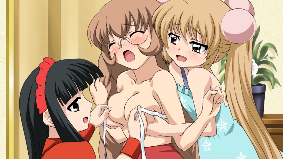 sanshita, kagami kuro, kokonoe rin, usa mimi, kodomo no jikan, 00s, 3girls, blush, breasts, bust measuring, closed eyes, femdom, glasses, grabbing another's breast, groping, hair bobbles, hair ornament, kodomo doushi, loli, lolidom, maid, measuring, multiple girls, oppai loli, tape measure, tears, yuri