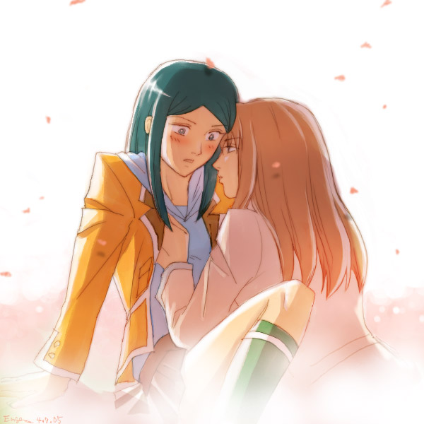 eugene, fujino shizuru, kuga natsuki, my-hime, 00s, 2girls, blush, breasts, grabbing another's breast, groping, multiple girls, school uniform, serafuku, socks, surprised, yuri