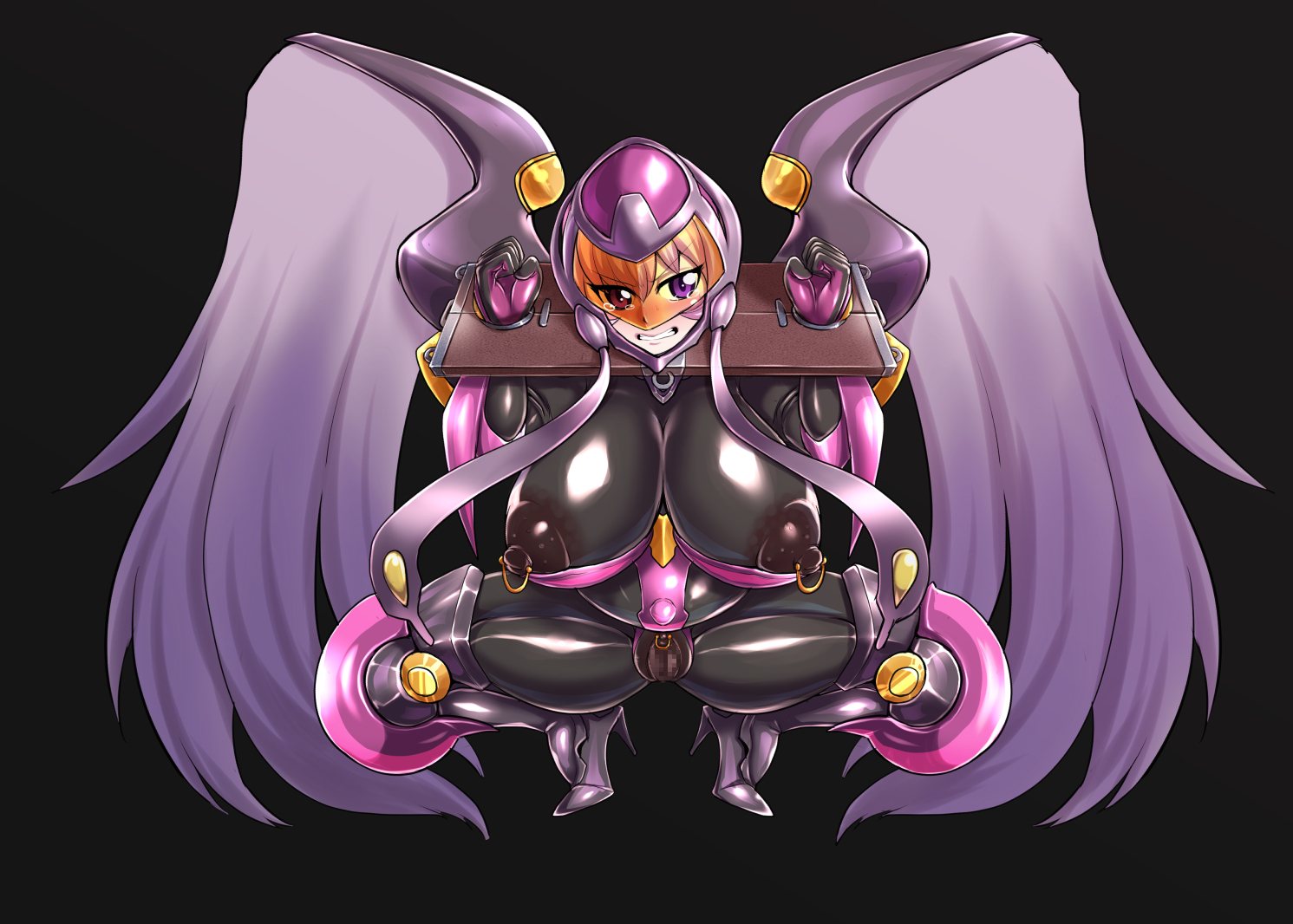 naniwadou, ootorii tsubame, akihabara dennou gumi, 1girl, armored bodysuit, assault visor, black bodysuit, bodysuit, breasts, clenched teeth, erinys (akihabara dennou gumi), feathered wings, helmet, high heels, impossible bodysuit, impossible clothes, impossible leotard, inflation, leotard, nipple piercing, piercing, pillory, pregnant, skin tight, solo, spread legs, squatting, teeth, visor (armor), wings
