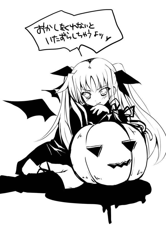 yu yu, fate testarossa, lyrical nanoha, mahou shoujo lyrical nanoha, translated, 00s, 1girl, female focus, greyscale, halloween, jack-o'-lantern, monochrome, pumpkin, solo, white background