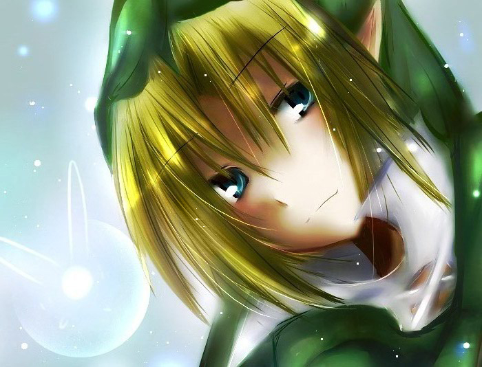 link, nintendo, the legend of zelda, the legend of zelda: ocarina of time, 1boy, blonde hair, fairy, green hat, hair intakes, hat, male focus, pointy ears, portrait, simple background, solo