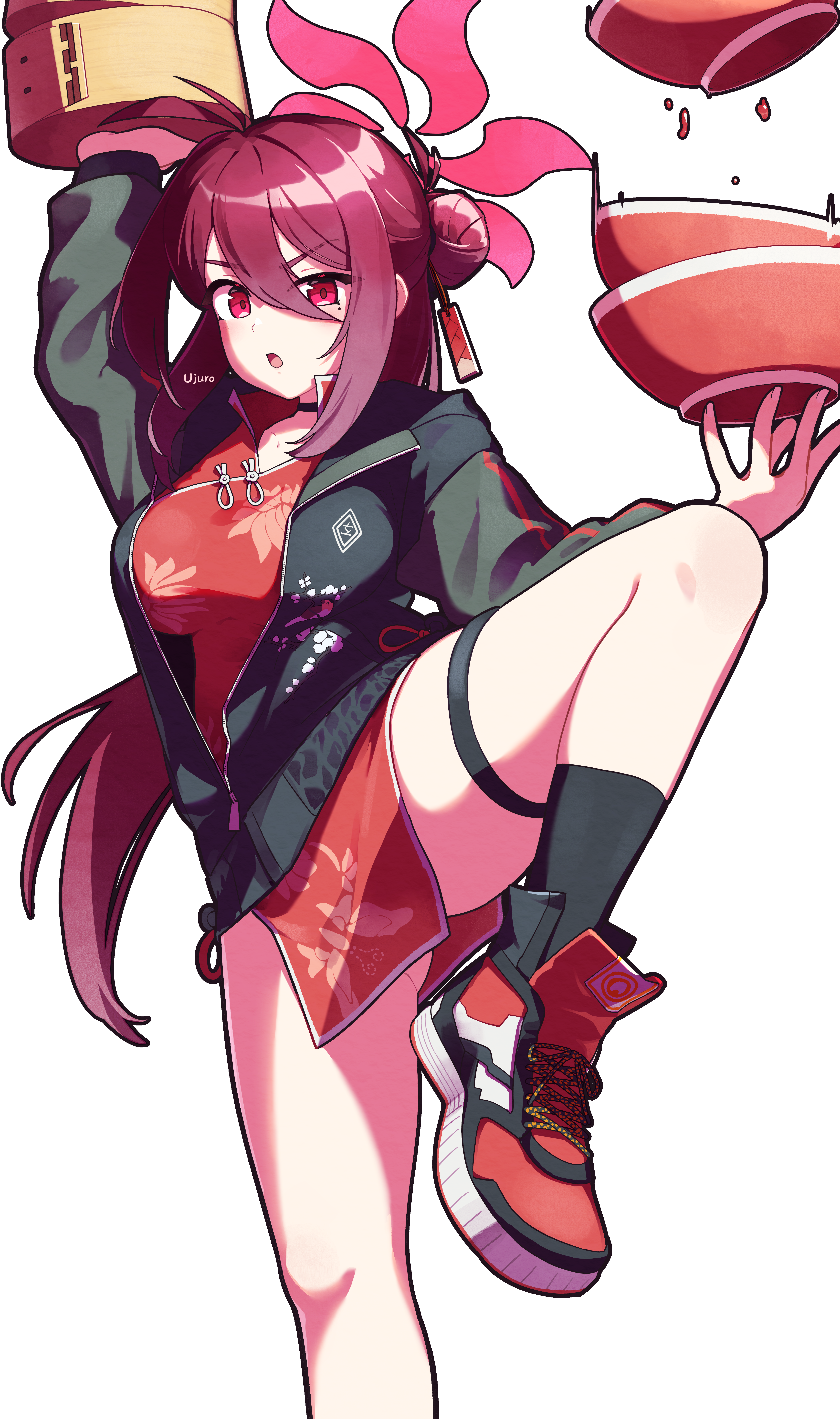 ujuro, reijo (blue archive), blue archive, absurdres, commentary request, highres, 1girl, antenna hair, black choker, black jacket, boots, bowl, china dress, chinese clothes, choker, cowboy shot, dress, dual wielding, falling, floral print, hair between eyes, hair bun, halo, high heel boots, high heels, holding, holding bamboo steamer, holding bowl, hood, hooded jacket, jacket, kung fu, long hair, long sleeves, looking at viewer, mole, mole under eye, open clothes, open jacket, pelvic curtain, print jacket, red eyes, red hair, red halo, red shoes, shoes, short dress, side slit, sidelocks, simple background, single side bun, sneakers, solo, standing, standing on one leg, thigh strap, white background