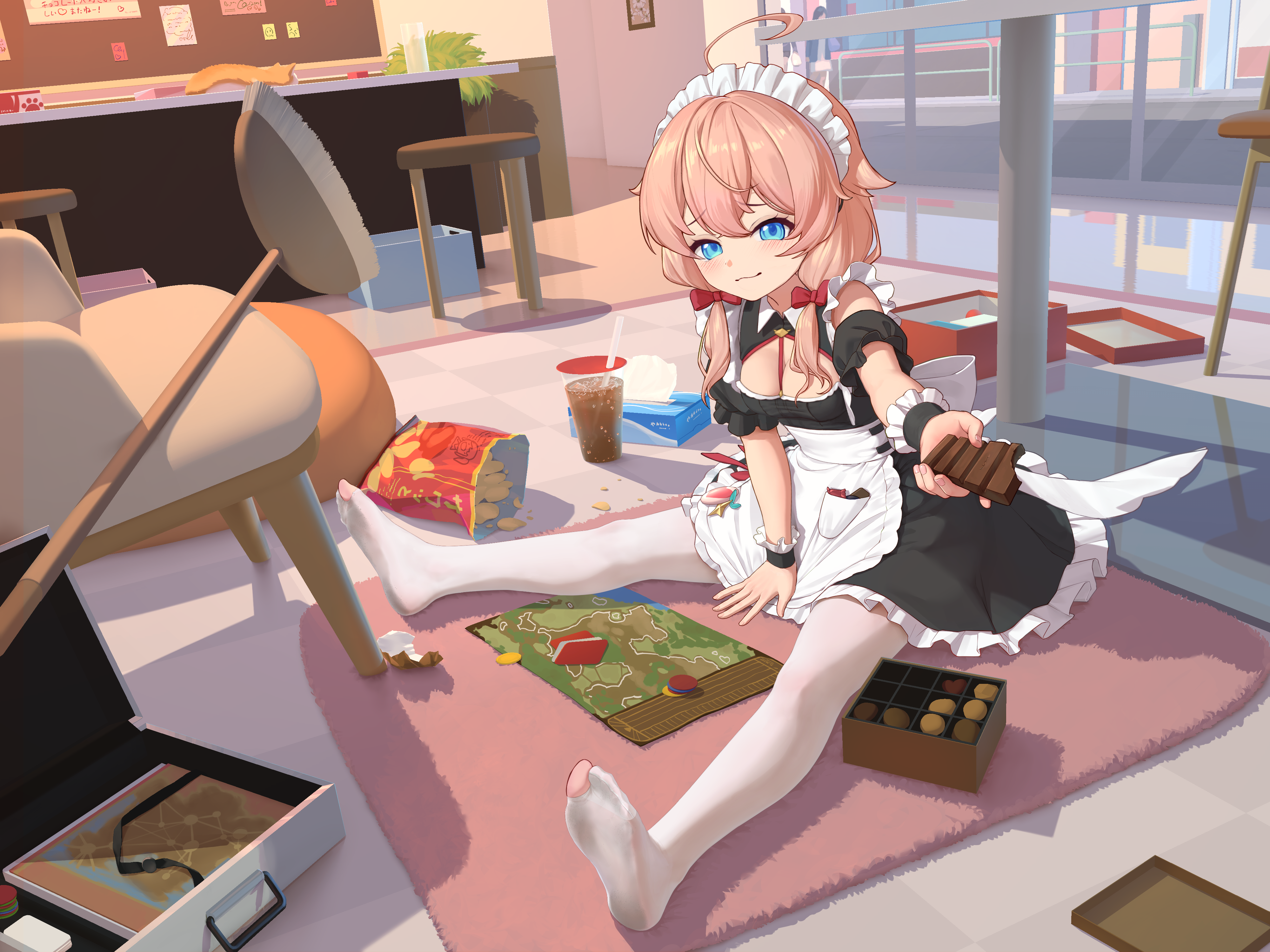 himitsu (hi mi tsu 2), kaguyano, absurdres, character request, highres, 1girl, ahoge, black dress, blue eyes, board game, bow, box, box of chocolates, breasts, broom, candy, chair, chips (food), chocolate, chocolate bar, cleavage, cleavage cutout, closed mouth, clothing cutout, cup, disposable cup, dress, food, full body, hair bow, hair flaps, incoming gift, indoors, legs apart, long hair, looking at viewer, maid, maid headdress, medium breasts, on floor, pantyhose, partially toeless legwear, potato chips, red bow, sitting, solo, tissue box, white pantyhose
