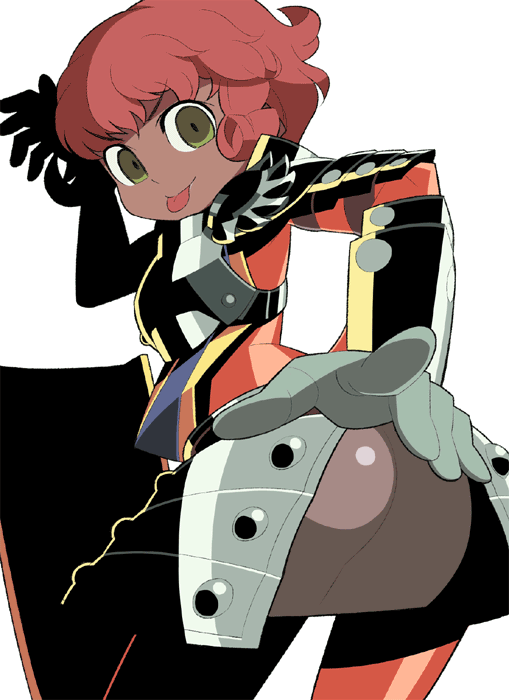 itsumo nokoru, paladin (sekaiju), paladin 4 (sekaiju), etrian odyssey, sekaiju no meikyuu, sekaiju no meikyuu 1, small pupils, 1girl, arm armor, armor, blue tabard, bodysuit, breastplate, closed mouth, cowboy shot, curly ends, curly hair, dark-skinned female, dark skin, faulds, from behind, gloves, green eyes, grey gloves, looking at viewer, pauldrons, red bodysuit, rerebrace, shield, shoulder armor, sidelighting, silver armor, simple background, solo, tabard, tongue, tongue out, twisted torso, vambraces, white background