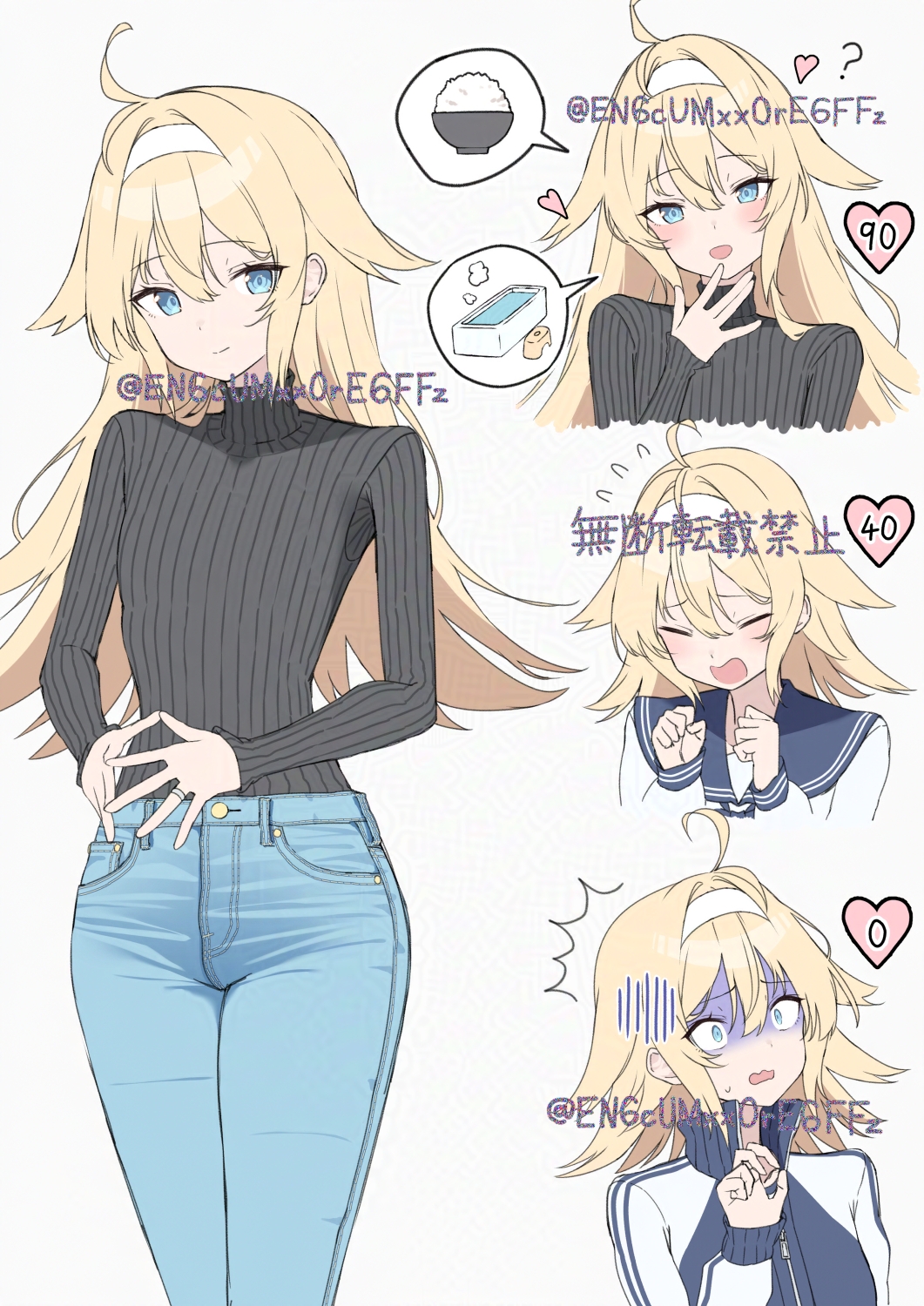 yamano rokamizu, original, adversarial noise, commentary, highres, 1girl, :d, ?, ^^^, affection meter, ahoge, bathtub, black sweater, blonde hair, blue eyes, blue jacket, blue pants, blue sailor collar, blue sleeve cuffs, blush, bowl, casual, closed eyes, closed mouth, copyright notice, cowboy shot, cropped torso, curled fingers, d:, denim, flat chest, flying sweatdrops, food, furrowed brow, gloom (expression), hair between eyes, hairband, hand on own chin, hands up, heart, jacket, jeans, jewelry, legs together, long hair, long sleeves, looking at viewer, lovestruck, multicolored jacket, multiple views, open mouth, pants, ribbed sweater, rice, rice bowl, ring, sailor collar, sailor shirt, school uniform, shirt, simple background, sleeve cuffs, smile, speech bubble, spoken food, spoken object, steepled fingers, sweatdrop, sweater, sweater tucked in, track jacket, turn pale, turtleneck, turtleneck sweater, twitter username, two-tone jacket, wavy mouth, white background, white hairband, white jacket, white shirt, wide-eyed, winter uniform, zipper